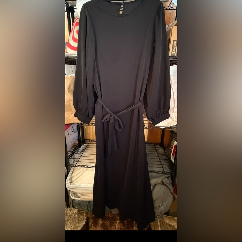 Classic Black Long Sleeve Tie-Waist Dress